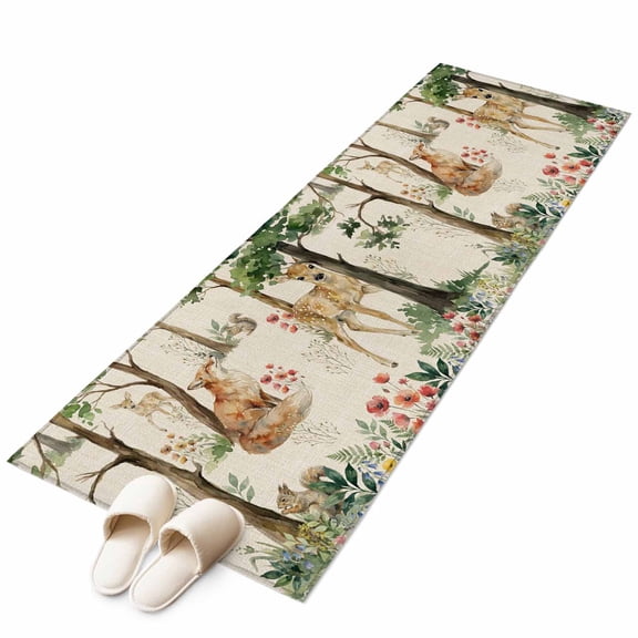 Forest Animals Runner Rug 2'x6' Small Deer Fox Squirrels Flower Tree Linen Texture Hallway Runner Rugs Washable Non-Slip Bedside Floor Mats Carpet for Kitchen Bedroom Laundry Room Bathroom