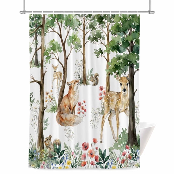 Forest Animals Shower Curtain, 72" x 72", Watercolor Small Deer Fox Squirrels Red Flower Tree Waterproof Bathroom Curtain Washable Shower Curtain Set with 12 Hooks