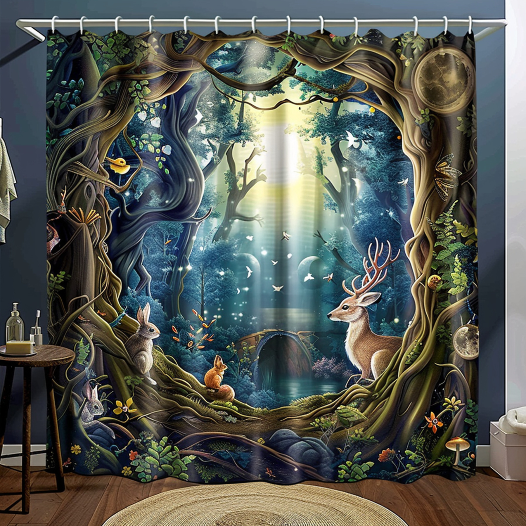Forest Animals Shower Curtain Deer Fox Rabbit in Moonlight Bathroom