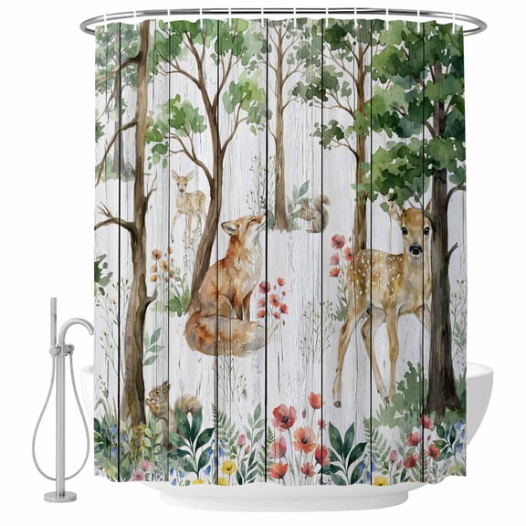 Forest Animals Shower Curtain Set with Hooks, Small Deer Fox Squirrels Flower Tree White Wood Grain Water Repellent Shower Curtains for Bathroom Decor, Washable Sturdy Shower Curtain 36x72 Inch
