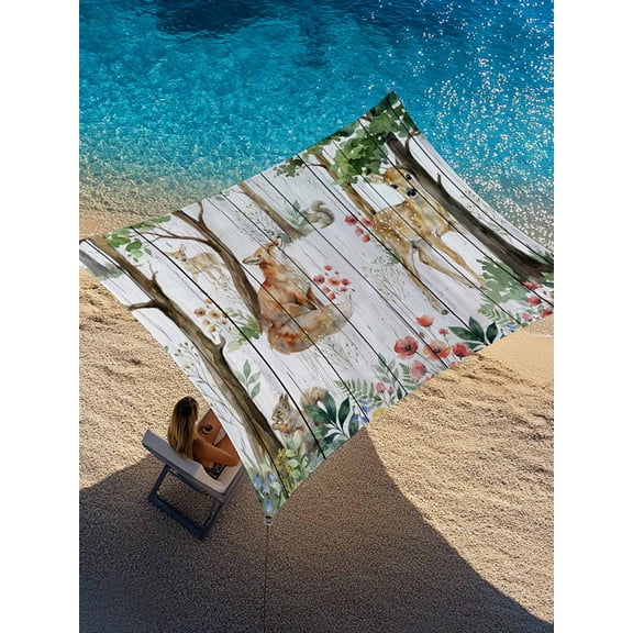 Forest Animals Sun Shade Sail 14' x 18', Small Deer Fox Squirrels Flower Tree White Wood Grain Rectangle Outdoor Sunshade Canopy, Waterproof UV Block Patio Covers for Garden Yard Beach