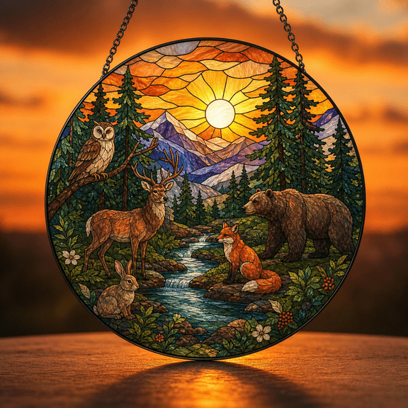 Forest Animals Suncatcher Window Hanging Acrylic Stained Glass Style Gift