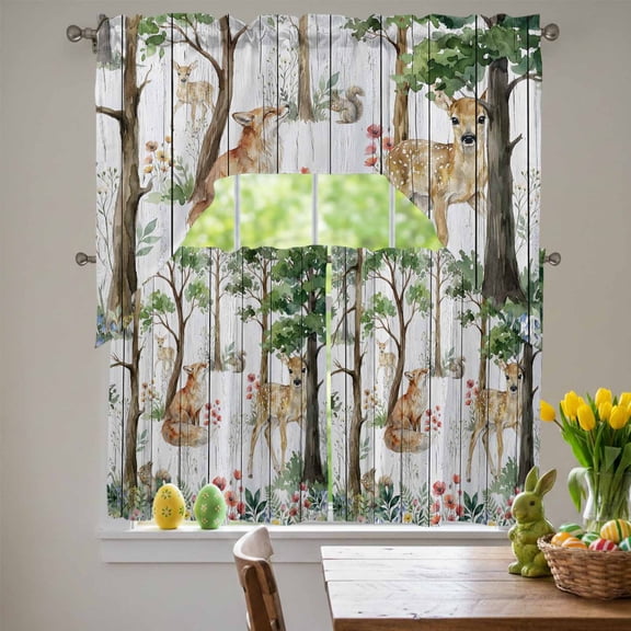 Forest Animals Swag Curtains Valance & Tier Set, Small Deer Fox Squirrels Flower Tree White Wood Grain 3 Pcs Set Kitchen Swag Valances and Tiers 24 Inch Length Rod Pocket Curtain Drapes for Bedroom