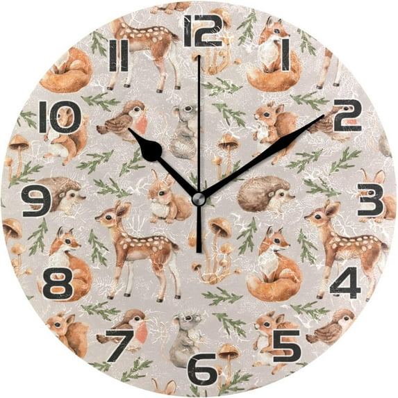Forest Animals Wall Clock Round Vintage Silent Non Ticking Battery Operated Accurate Arabic Numerals Design for Home Kitchen Living Room Bedroom Inch