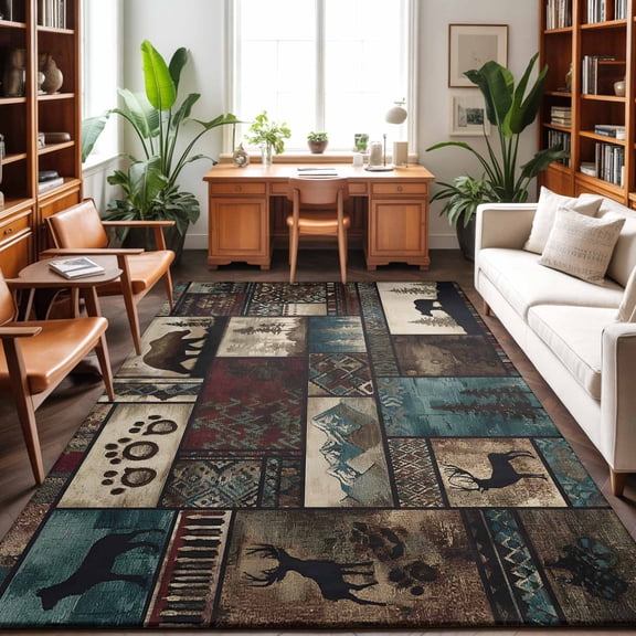 Forest Animals Washable Area Rug 9 x 12 ft Western Country Bear Elk Deer Wildlife Plaid, Soft Non Slip Rugs Stain Repellent Indoor Felt Carpet for Living Dining Room Bedroom Home Office