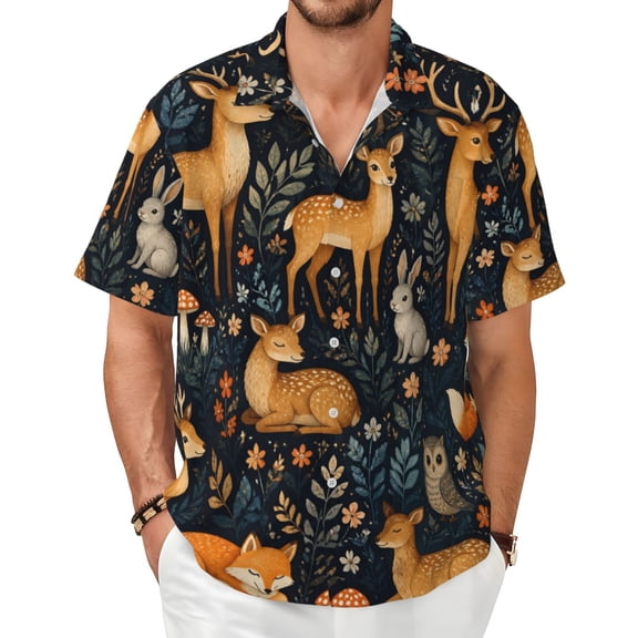 Forest Animals Wildlife Men's Shirts Short-Sleeved with All-Over Prints Button-Up Shirts
