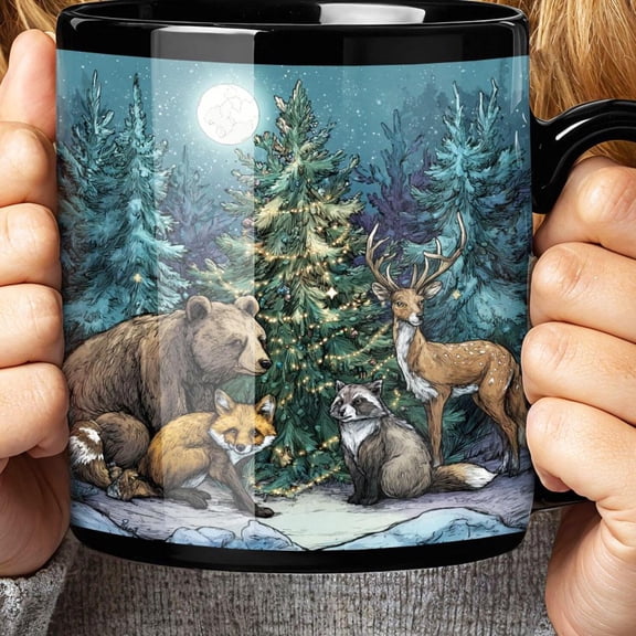 Forest Animals at Night Moonlight Forest | Black 11oz 15oz, Morning Coffee Mug, woodland friends, bear, deer, racoon, fox, hot cocoa cup