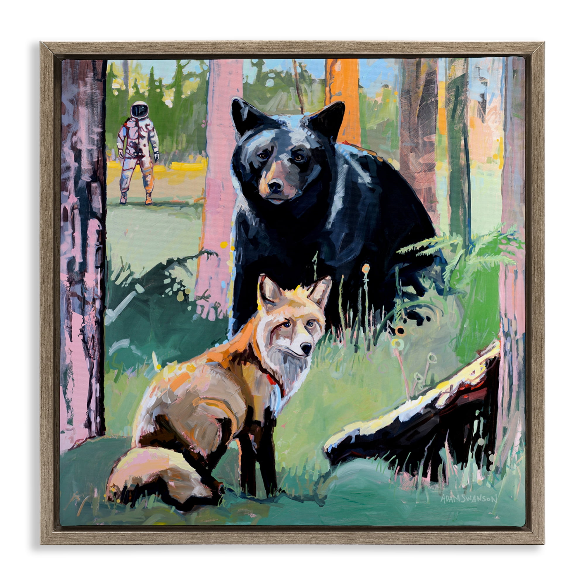 Forest Animals in Deep Space Brown Framed Floater Canvas Wall Art, design by Adam Swanson