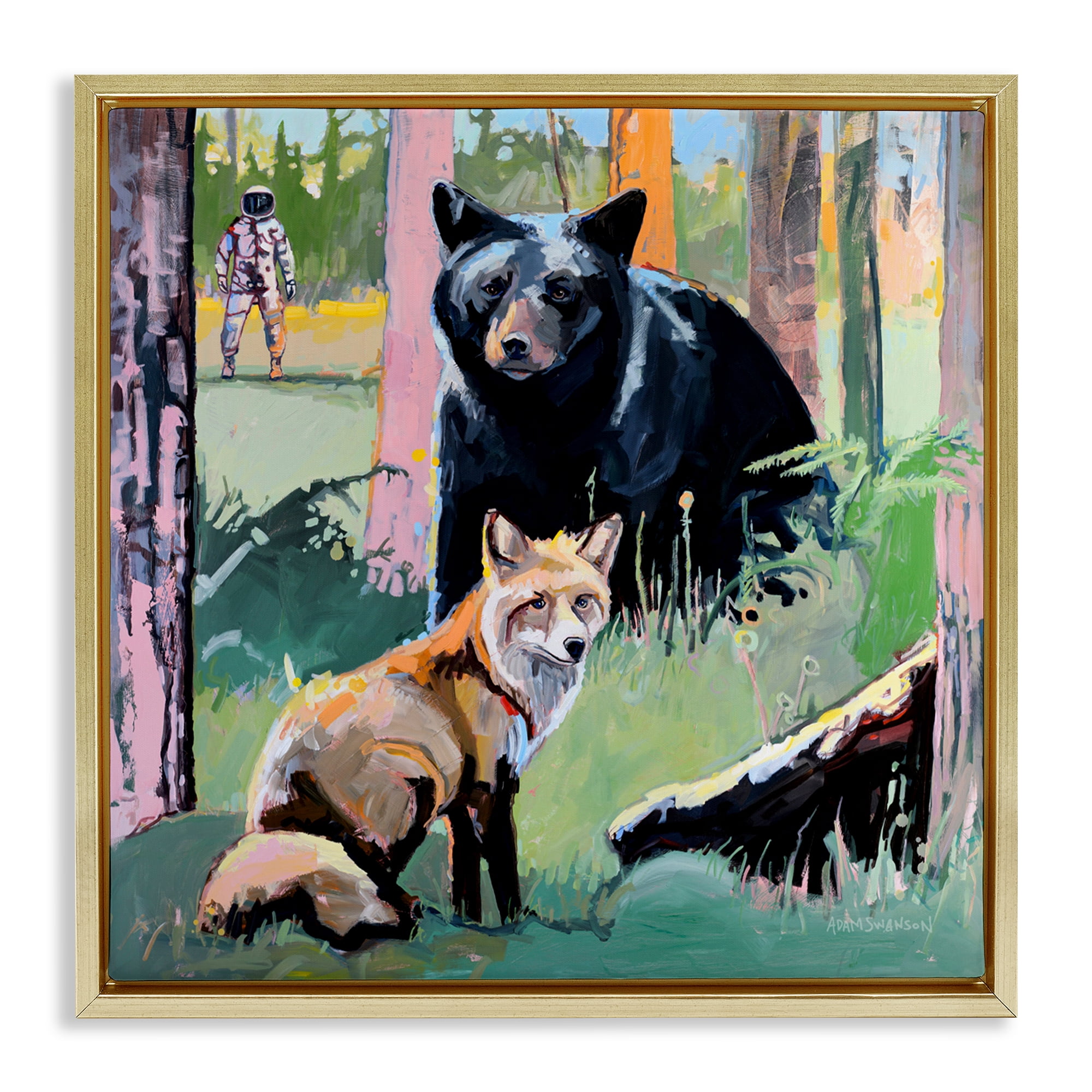 Forest Animals in Deep Space Gold Framed Floater Canvas Wall Art, design by Adam Swanson