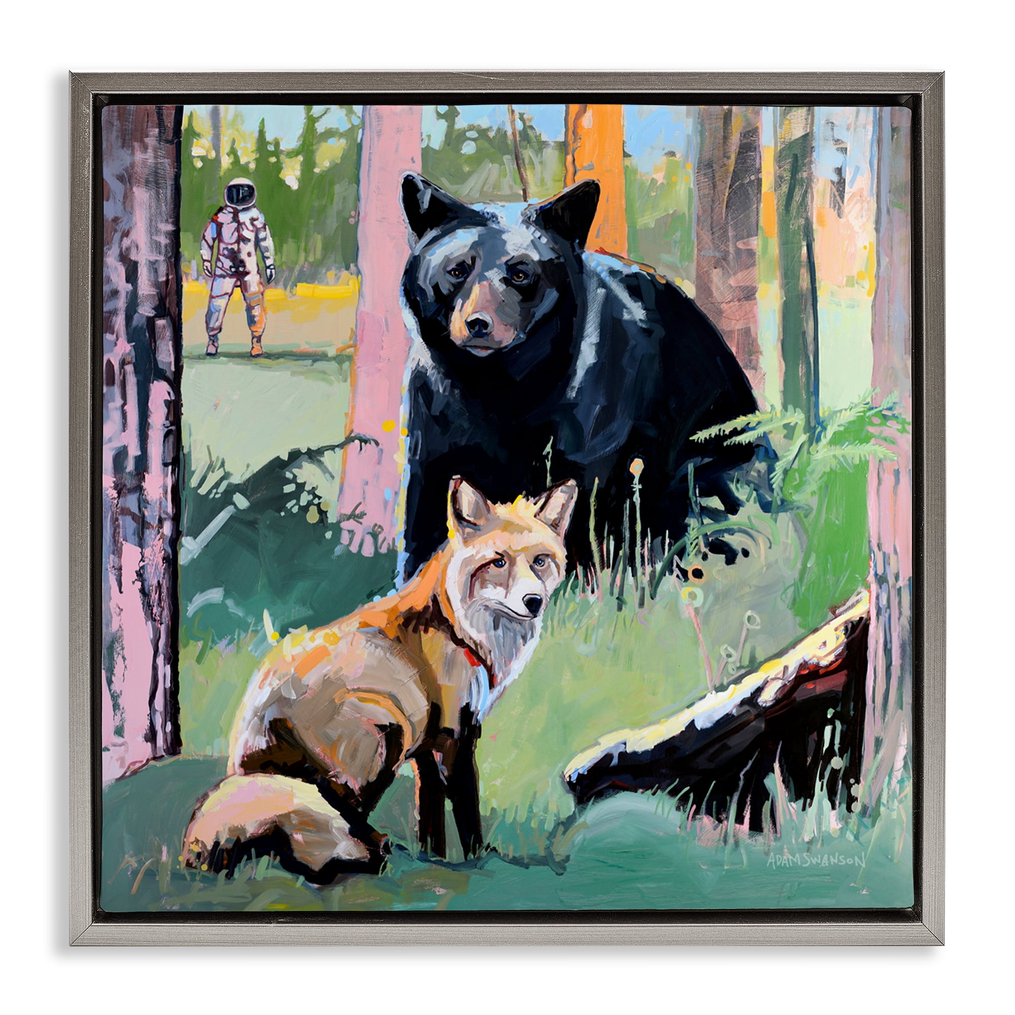 Forest Animals in Deep Space Gray Framed Floater Canvas Wall Art, design by Adam Swanson