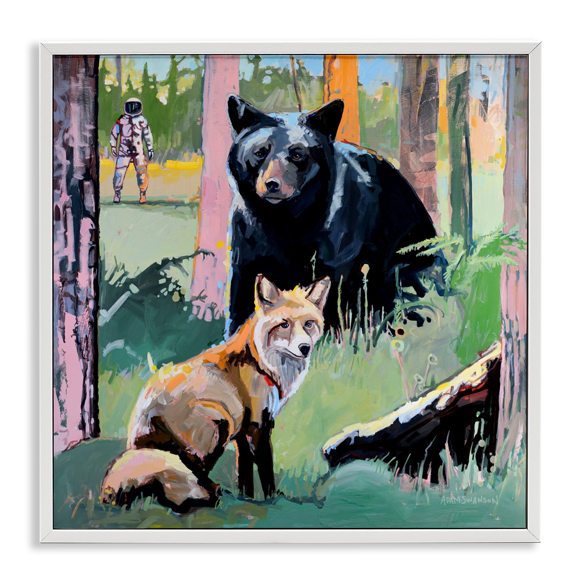 Forest Animals in Deep Space White Framed Giclee Art, design by Adam Swanson