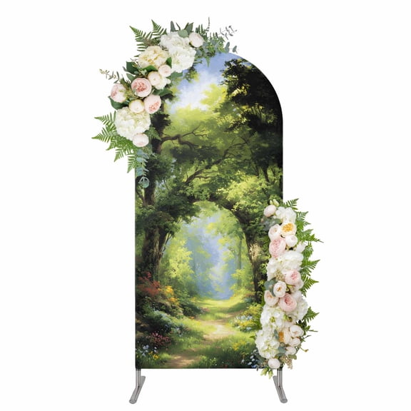 Forest Arch Backdrop Cover 4FT, Nature Woodland Spring Scenic Green Trees Flower Spandex Fitted Stretchy Arch Stand Covers, Round Top Chiara Backdrop Cover for Wedding Party Birthday Baby Shower