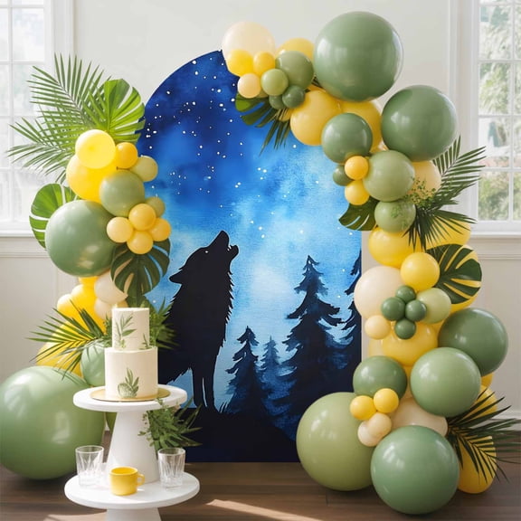 Forest Arch Backdrop Cover, 4FT, Wolf Stars Silhouette Night Blue Sky Spandex Arch Covers Double-Sided Backdrop for Wedding Birthday Party Photo Background Decoration