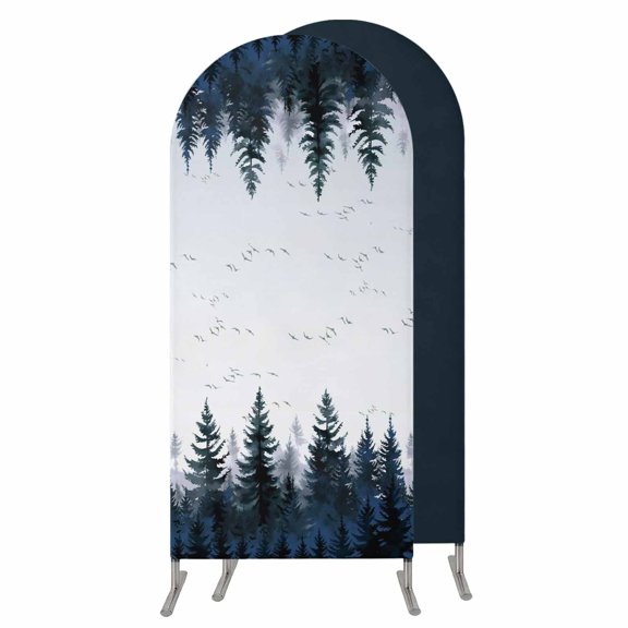 Forest Arch Backdrop Cover 7.2 FT,Spandex Wedding Arch Stand Covers Stretchy Backdrop,Dark Blue Fall Bird Vintage Farmhouse Tree Round Top Party Arched Background for Birthday Event Baby Shower Decor