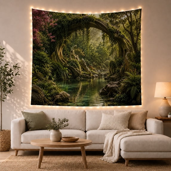 Forest Arch Over Quiet Stream And Rocks, Serene Fantasy Style for Nature Lovers, Forest Wall Art, Housewarming Gift Tapestry Wall Hanging for Bedroom and Meditation Room