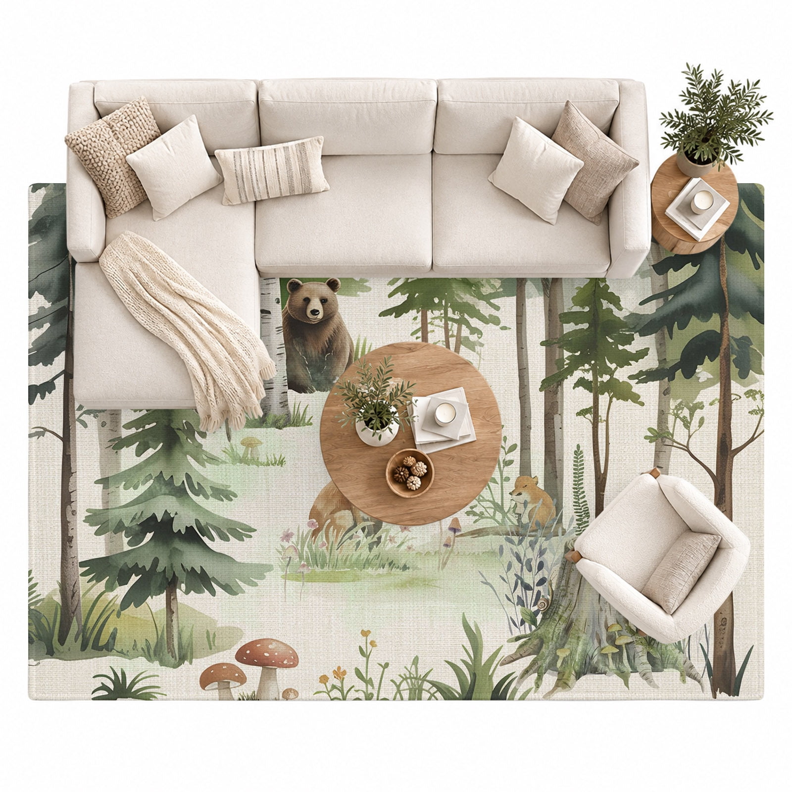 Forest Area Rug 8'x10', Woodland Trees Bear Fox Deer Bird Watercolors ...