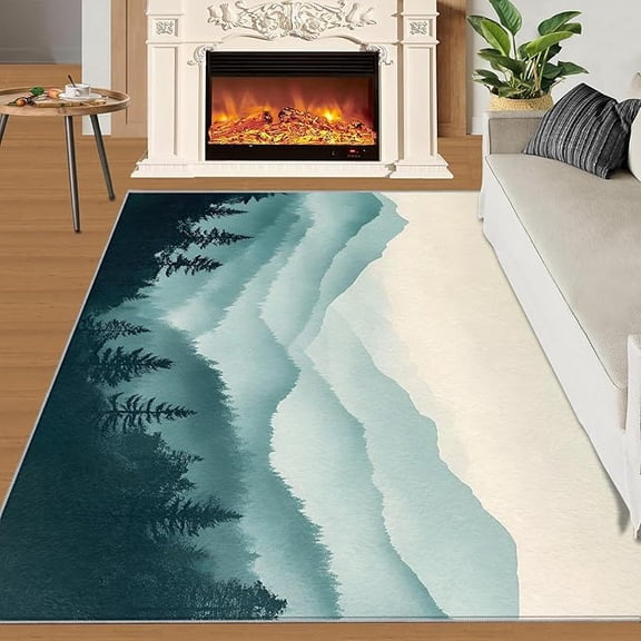 Forest Area Rug, Foggy Pine Forest Rug, Misty Mountain Rugs for Living Room, Indoor Non-Slip Rugs, Machine Washable Carpet for Front Entrance Floor Decor 2 x 3ft