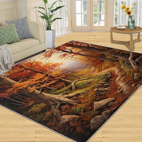 Forest Area Rug, Golden Autumn Rugs for Bedroom Fairytale Forests Carpet Forest Theme Rug Boy Room Decor Sunny Forest Rugs for Living Room 2 x 3ft