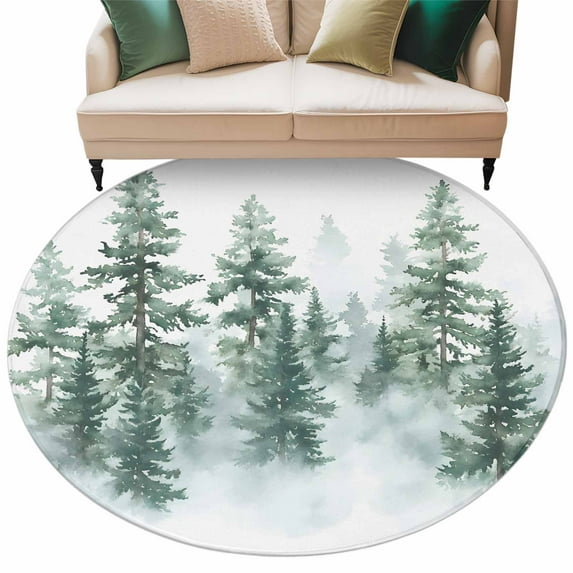 Forest Area Rug, Watercolor Tree Washable Large Circle Carpet, Non Slip Round Rug for Living Room/Bedroom/Dining Room/Home Office/Dorm