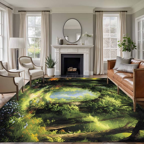 Forest Area Rugs 6'x9', Washable Small Throw Rugs for Kitchen Dining room, Nature Woodland Spring Scenic Green Trees Flower Indoor Outdoor Rug Non-Slip Low Pile Carpet Runner Reversible Floor Mats