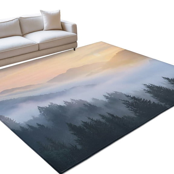 Forest Area Rugs 6x9ft Fog Misty Mountains Pine Tree Landscape Floor Rug&nbsp;Non Slip Low Pile Ultra Soft Throw Carpet for Entryway Indoor Entrance Kitchen Bathroom
