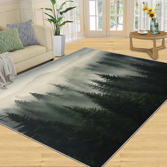 Forest Area Rugs, Quiet Forests Rug for Bedroom Mist Forests Carpet Forest Theme Rug Boy Room Decor Deep Green Rugs for Living Room 5 x 8ft