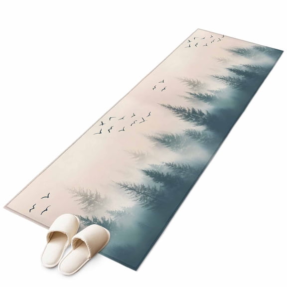 Forest Area Rug 2x6ft Summer Dark Green Woodland Nature Scenery Farmhouse Non-Slip Washable Square Rugs Soft Felt Indoor Floor Mat for Bedroom Kitchen Living Room Bathroom