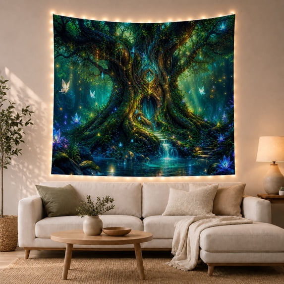 Forest Around Massive with Ancient Tree Thick Gnarled, Mystical Fantasy for Space Lovers, Galaxy Room Decor, Valentine'S Day Gift, Tapestry Wall Hanging for Bedroom and Dorm