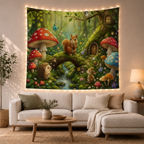 Forest Around Reddish With Squirrel Perched Moss Covered, Mystical Fantasy for Space Lovers, Galaxy Room Decor, Mother's Day Gift, Tapestry Wall Hanging for Bedroom and Dorm