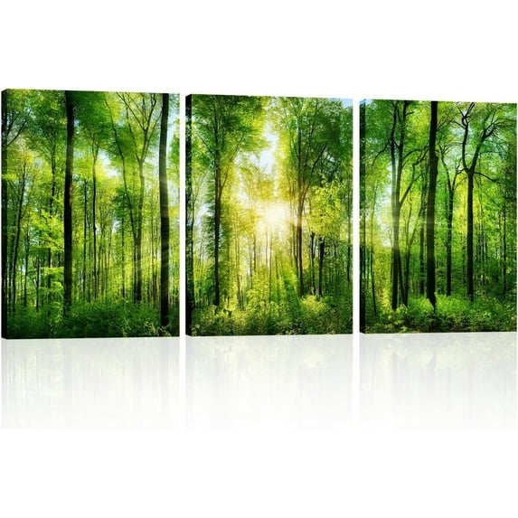 Forest Art Canvas Wall Decor: 3 Panel Nature Wall Art Landscape Paintings Trees Green Pictures Sunrise Scenery Wall Decor for Living Room Bedroom Office Bathroom(only canvas)