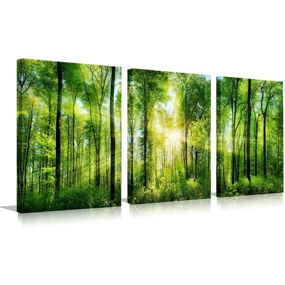 Forest Art Canvas Wall Decor: 3 Panel Nature Wall Art Landspace Paintings Framed Trees Green Pictures Sunrise Scenery Wall Decor for Living Room Bedroom Office Bathroom 12 x 16 Inch