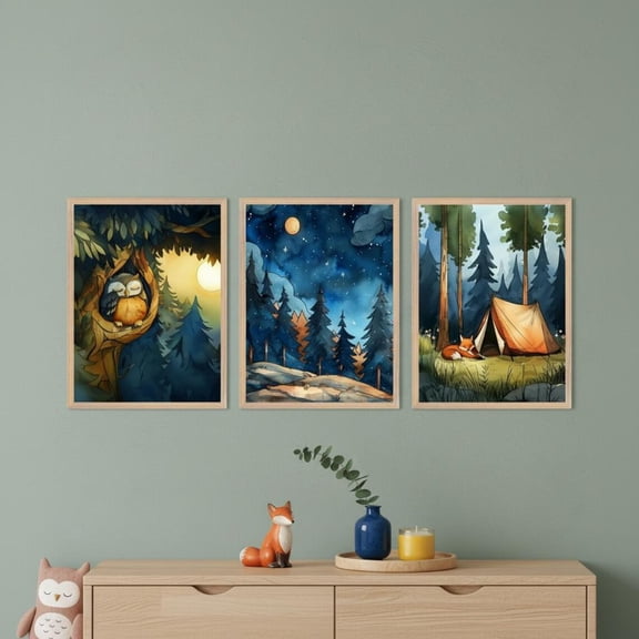Forest Artwork Set of 3 Woodland Nursery Wall Art Night Forest Owl Fox Illustration Camping Theme Kids Room Decor 3 Piece Print Set Set 3
