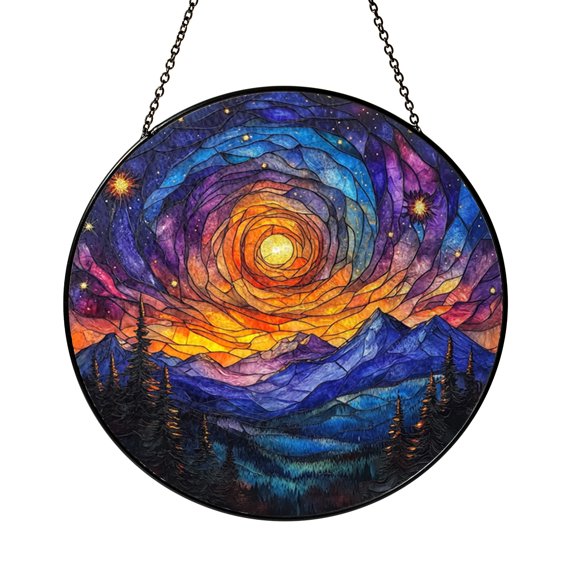 Forest Aurora Window Glass Suncatcher Ornament, Celestial Light Catcher Hanging for Living Room Decor