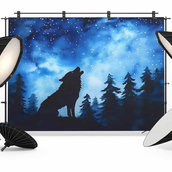 Forest Backdrop for Photography, Wolf Stars Silhouette Night Blue Sky Photo Backdrop Portrait Background Party Banner Photo Backgrounds for Studio Booth Props, 7x5ft