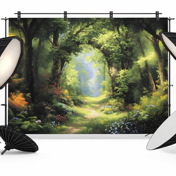 Forest Backdrop for Photoshoot,Photography Photo Studio Background Wall Backdrop,Nature Woodland Spring Scenic Green Trees Flower Back Drop Banner Panel for Portraits Wedding Live Streaming 7x5Ft