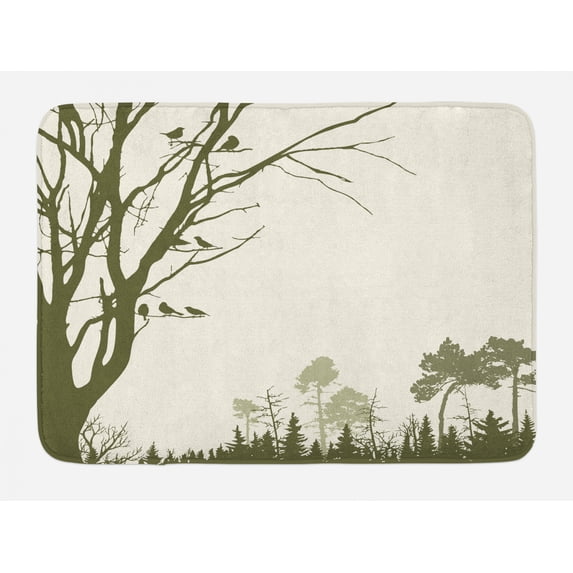 Forest Bath Mat, Nature Theme The Panorama of a Forest Pattern Birds on Tree Branches Print, Non-Slip Plush Mat Bathroom Kitchen Laundry Room Decor, 29.5 X 17.5 Inches, Olive Green Cream, Ambesonne