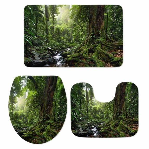 Forest Bathroom Rugs Set Landscapes Tree Streams Non Slip Absorbent Soft Bath Mats 3 Piece Set with Bathroom Rug, U-Shaped Floor Mat, Toilet Seat Cover Small Size