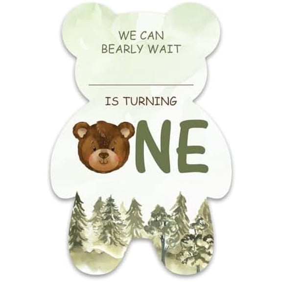 Forest Bear 1st Birthday Party Invitations - Bear Boy First Birthday Party Bear Shaped Invitations - One Year Old Invites - 20 Invites with Envelopes