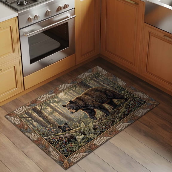 Forest Bear 2x3 Rug for Entryway Front Door Kitchen Sink Area, Country Jungle Animal Tree Leaf Flowers Landscape Low Pile Washable Non Slip Rectangle Area Rug