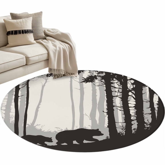Forest Bear 3ft Area Rug, Black Grey Country Farmhouse Nature Tree Washable Non-Slip Small Round Rugs for Entryway Bedroom Kitchen, Soft Circle Carpet for Dining Room, Playroom Nursery Rug