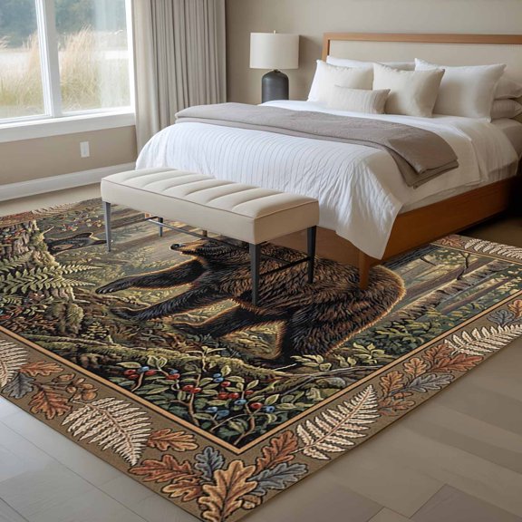 Forest Bear 6x9 Rug for Dining Room Table and Chair Setup, Country Jungle Animal Tree Leaf Flowers Landscape Low Pile Washable Non Slip Rectangle Area Rug