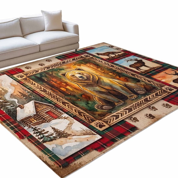 Forest Bear 6x9ft Non Slip Area Rug Country Forest Farmhouse Wolf Deer Snow Footprints Washable Soft Area Rugs for Living Room, Indoor Circle Carpet for Bedroom Dining Room Kitchen