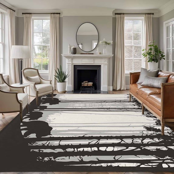Forest Bear Area Rug 6x9 FT, Non Slip Living Room Throw Carpet, Black Grey Country Farmhouse Nature Tree Washable Soft Large Floor Carpet Non-Shedding Rug for Bedroom Dining Room Play Room