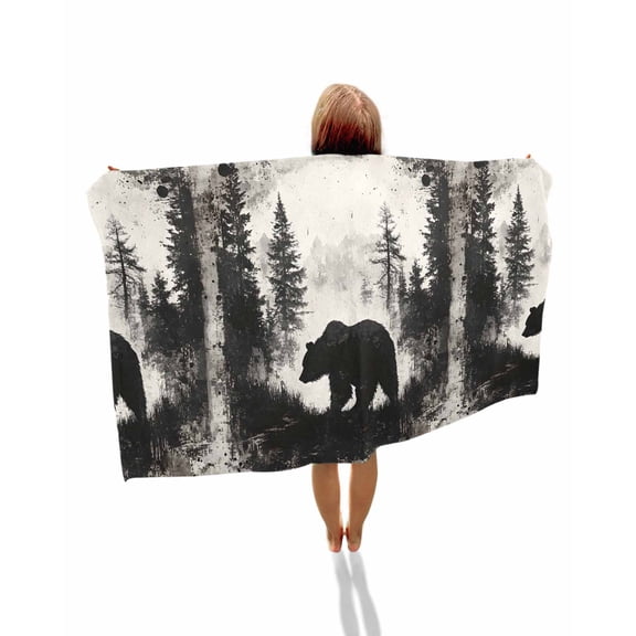 Forest Bear Beach Towels Oversized Super Absorbent, Retro Modern Art Nature Tree Greyscale Lightweight Bath Towel Quick Dry Sets For Bathroom/Pool/Rv Camping/Beach Play/Gym Room/Picnic 23"x47"
