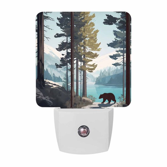 Forest Bear Cabin Night Lights Plug Into Wall, LED Dusk to Dawn Sensor Night Light, Lake Snow Mountain Trees Nightlight for Bedroom Bathroom Living Room Hallway Home Wall Decor