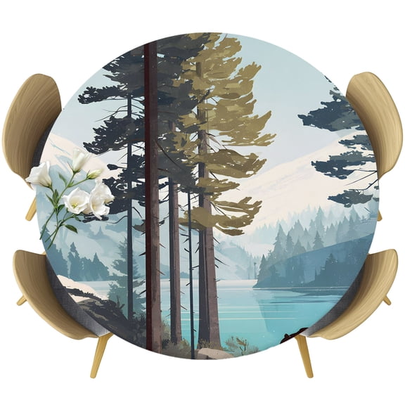 Forest Bear Cabin Round Tablecloth 36-44 Inch Round Fitted Table Cloth with Elastic Edge, Lake Snow Mountain Trees Waterproof Table Cover Protector for Outdoor Picnic Party Dining