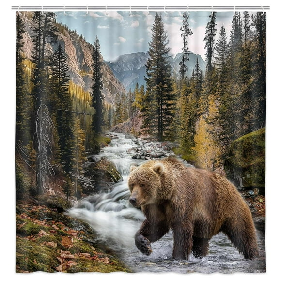 Forest Bear Cabin Shower Curtain, Misty Mountains Wildlife Farm Rustic National Park Jungle Rainforest Stream River Rock Natural Landscape Fabric Bathroom Decor Curtain with Hook, 72X72in
