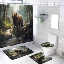 Forest Bear Cabin Shower Curtain Set Wildlife Jungle Rainforest Stream River Rock Natural Landscape with 12 Hooks, Bath Mat Set Bathroom Decor by Durable Waterproof Fabric, 72x72 Inch