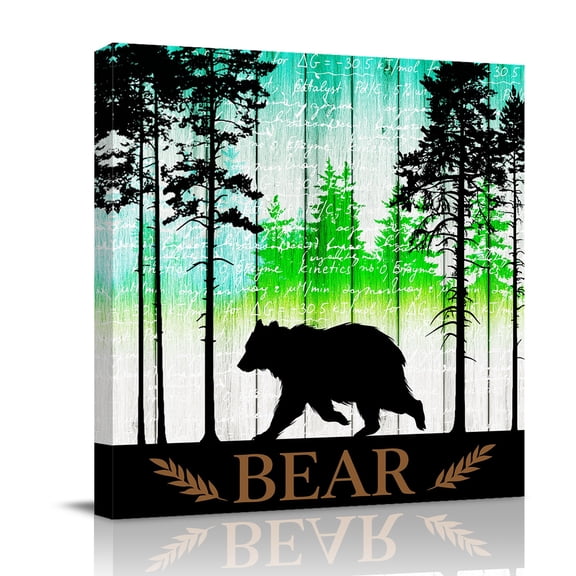 Forest Bear Canvas Wall Art for Living Room, Pine Needles Green Gradient Wood Grain Poster Print Painting for Bedroom Office Home Decoration Wall Pictures Prepare To Hang 8"x8"