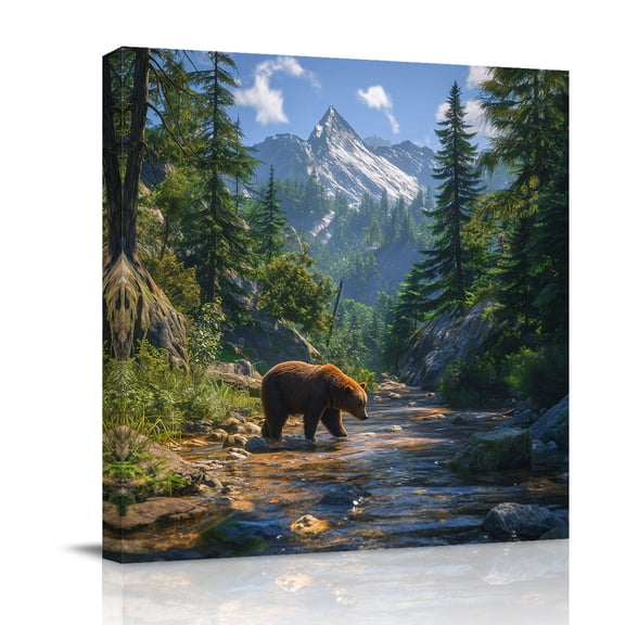 Forest Bear Canvas Wall Art for Living Room, Vintage Bear by River Green Trees Mountains Wall Decor Framed Artwork Pictures Ready to Hang for Bedroom Office Home Decor